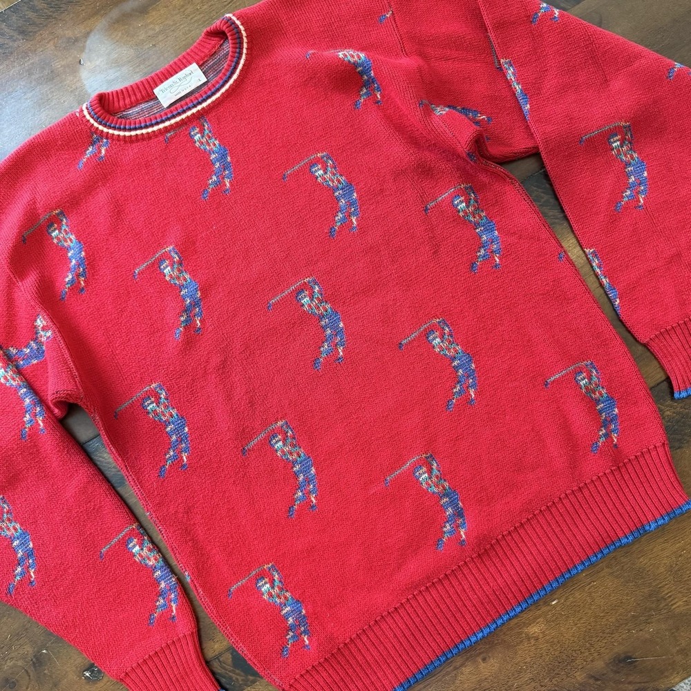 Vintage Tricots St. Raphael Sweater Mens Large Red Cotton Golf Intarsia Made USA